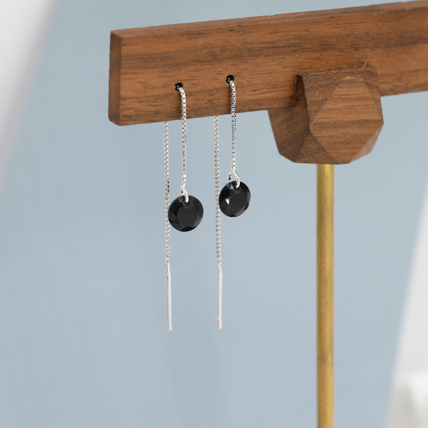 Black CZ Dot Threader Earrings in Sterling Silver,  Minimalist Ear Threaders,  Black Diamond Threaders