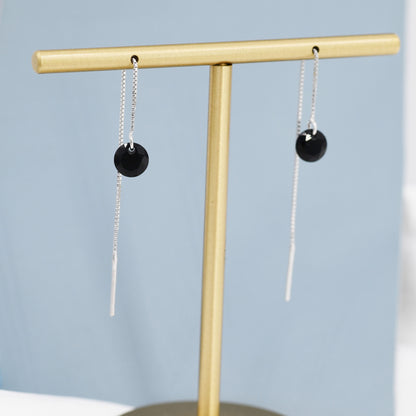 Black CZ Dot Threader Earrings in Sterling Silver,  Minimalist Ear Threaders,  Black Diamond Threaders