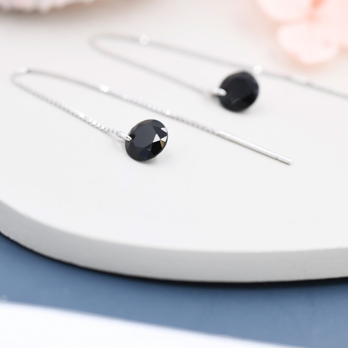 Black CZ Dot Threader Earrings in Sterling Silver,  Minimalist Ear Threaders,  Black Diamond Threaders