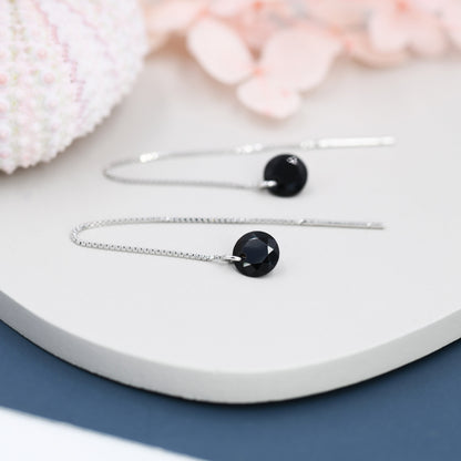 Black CZ Dot Threader Earrings in Sterling Silver,  Minimalist Ear Threaders,  Black Diamond Threaders