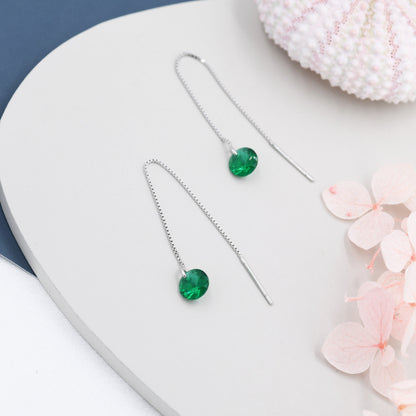 Emerald Green CZ Dot Threader Earrings in Sterling Silver,  Minimalist Ear Threaders, May Birthstone