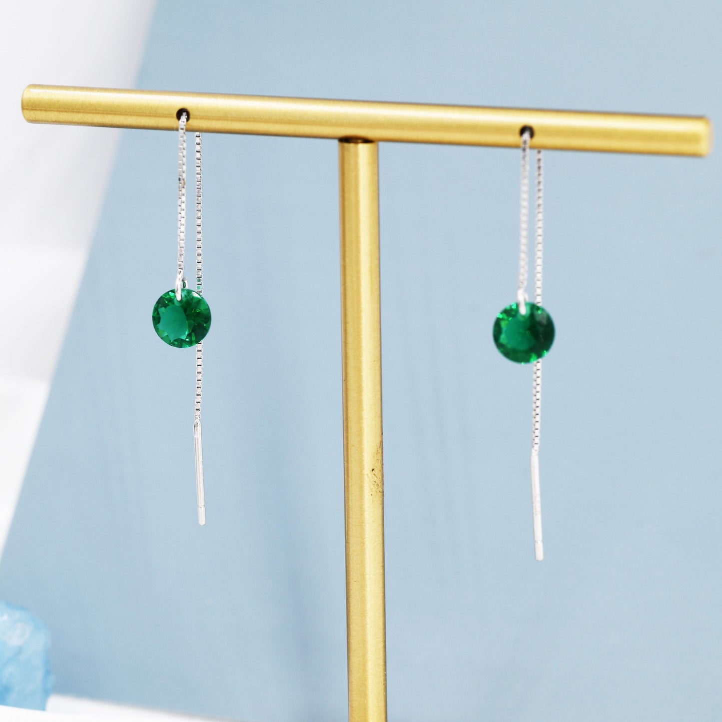 Emerald Green CZ Dot Threader Earrings in Sterling Silver,  Minimalist Ear Threaders, May Birthstone