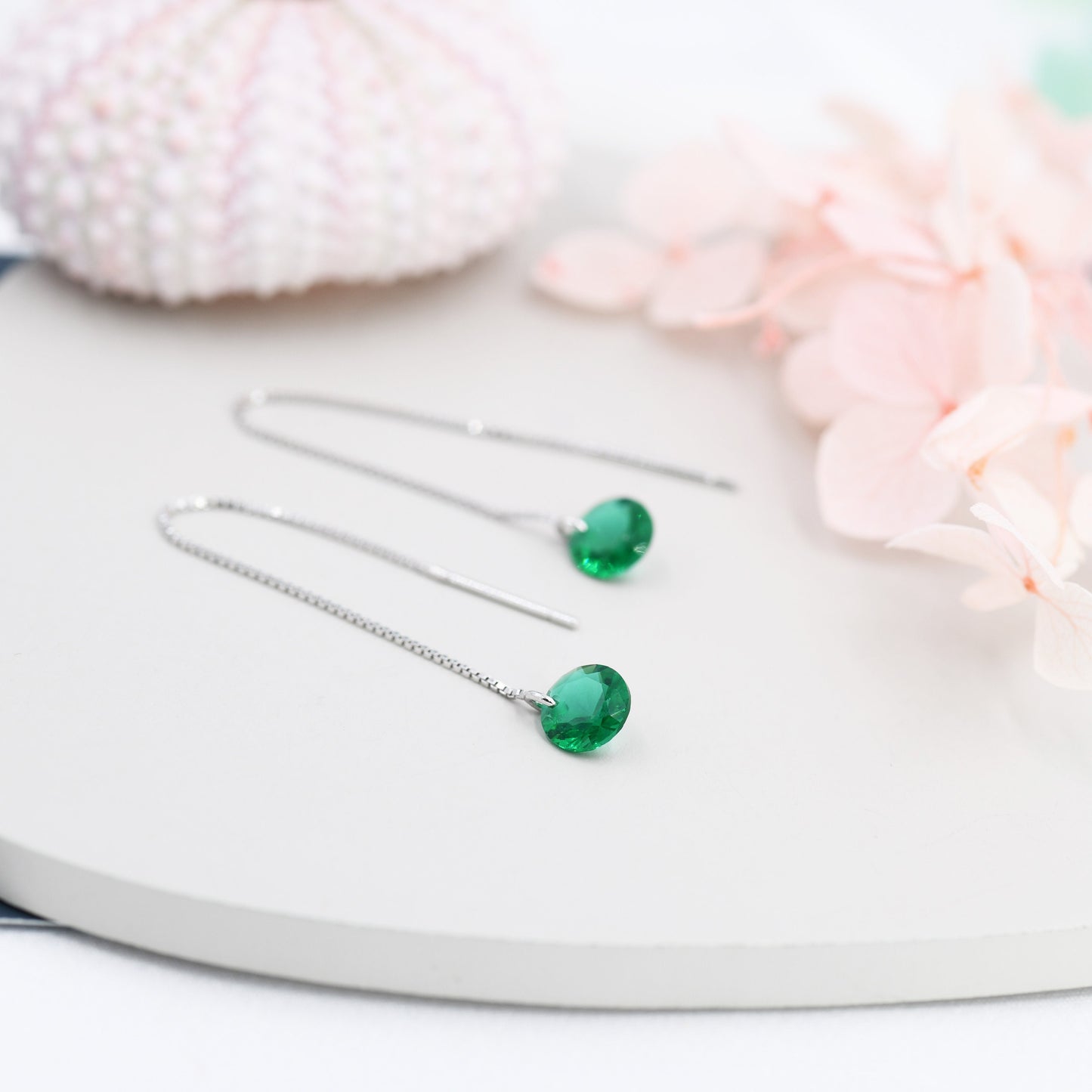 Emerald Green CZ Dot Threader Earrings in Sterling Silver,  Minimalist Ear Threaders, May Birthstone