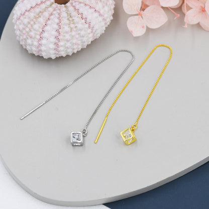 Caged CZ Cube Threaders Earrings in Sterling Silver, Silver or Gold, Crystal Cube Ear Threaders, 9cm long threaders, minimalist Threaders