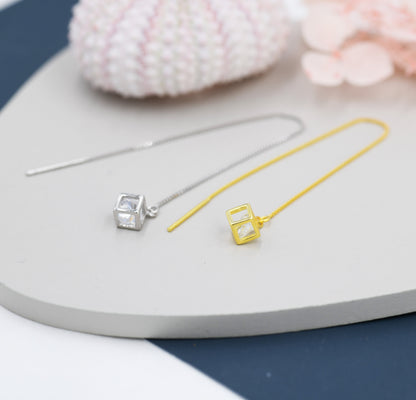 Caged CZ Cube Threaders Earrings in Sterling Silver, Silver or Gold, Crystal Cube Ear Threaders, 9cm long threaders, minimalist Threaders