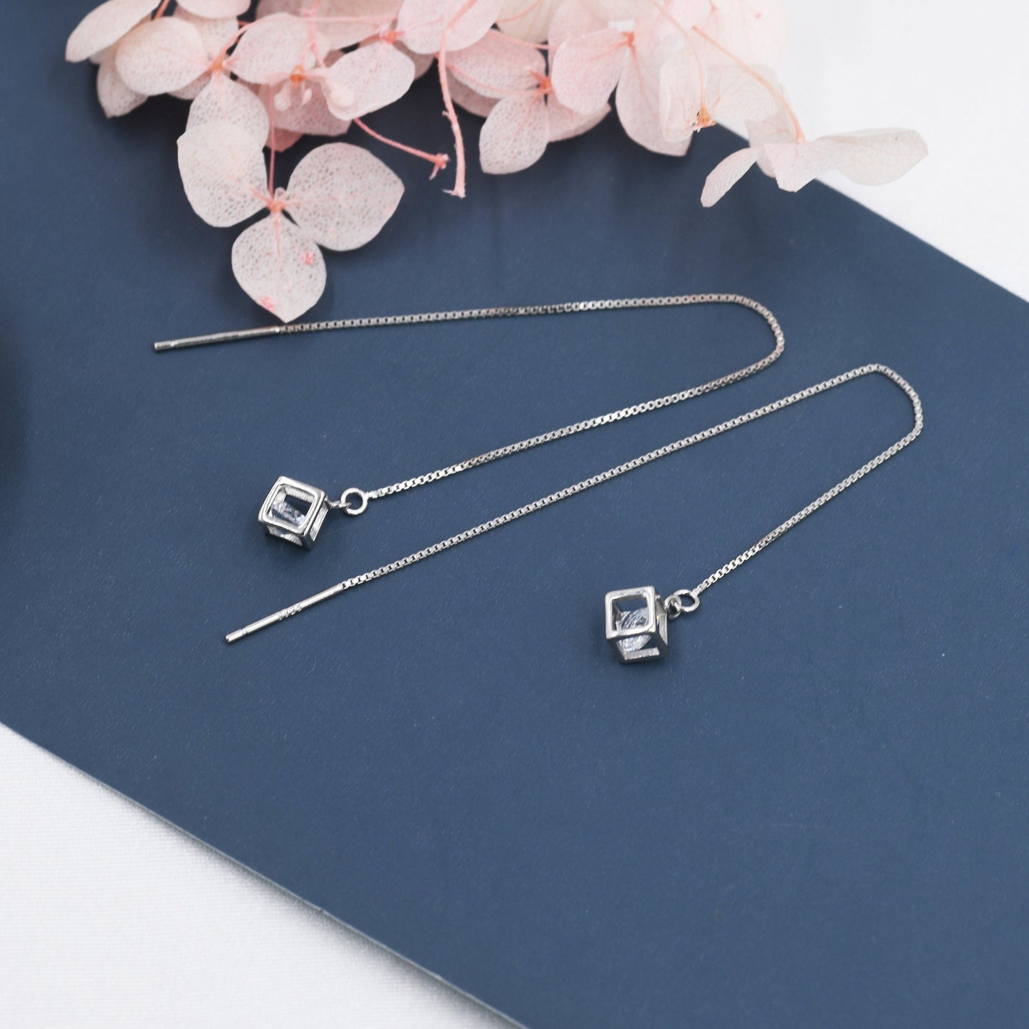 Caged CZ Cube Threaders Earrings in Sterling Silver, Silver or Gold, Crystal Cube Ear Threaders, 9cm long threaders, minimalist Threaders