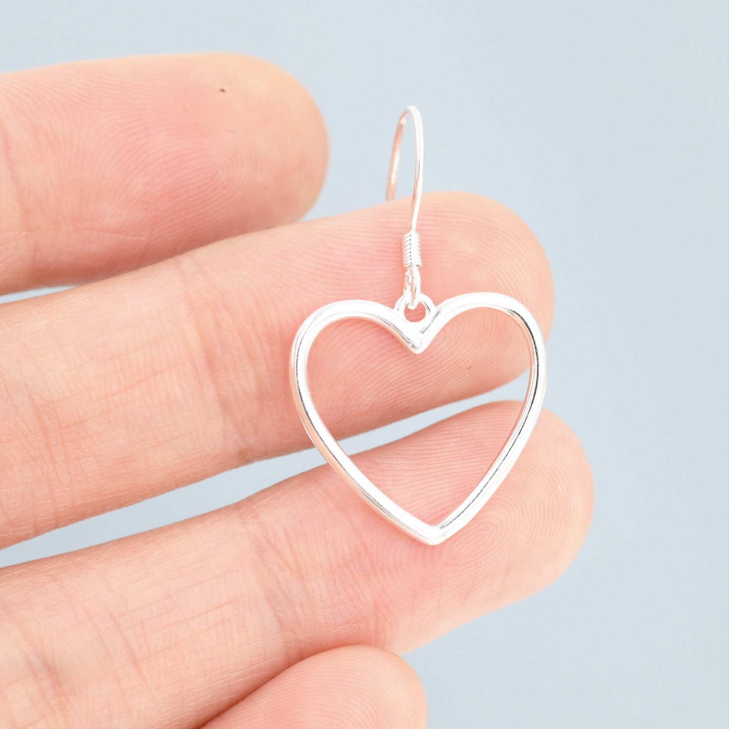 Sterling Silver Open Heart Drop Hook Earrings, Heart Drop Earrings, Delicate Large Heart Earrings