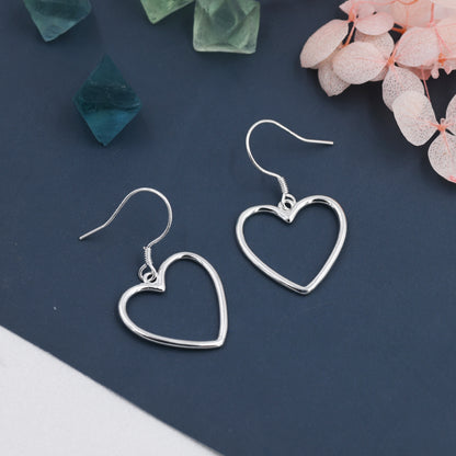 Sterling Silver Open Heart Drop Hook Earrings, Heart Drop Earrings, Delicate Large Heart Earrings