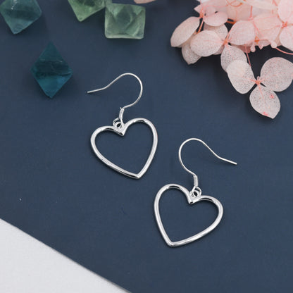 Sterling Silver Open Heart Drop Hook Earrings, Heart Drop Earrings, Delicate Large Heart Earrings