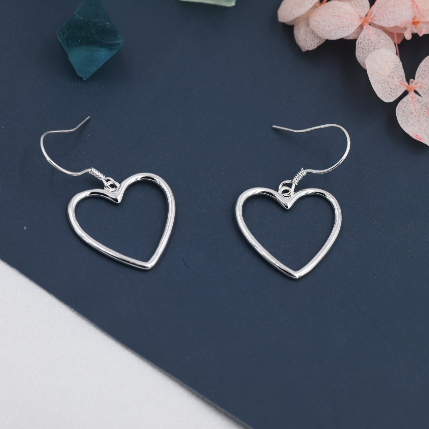 Sterling Silver Open Heart Drop Hook Earrings, Heart Drop Earrings, Delicate Large Heart Earrings