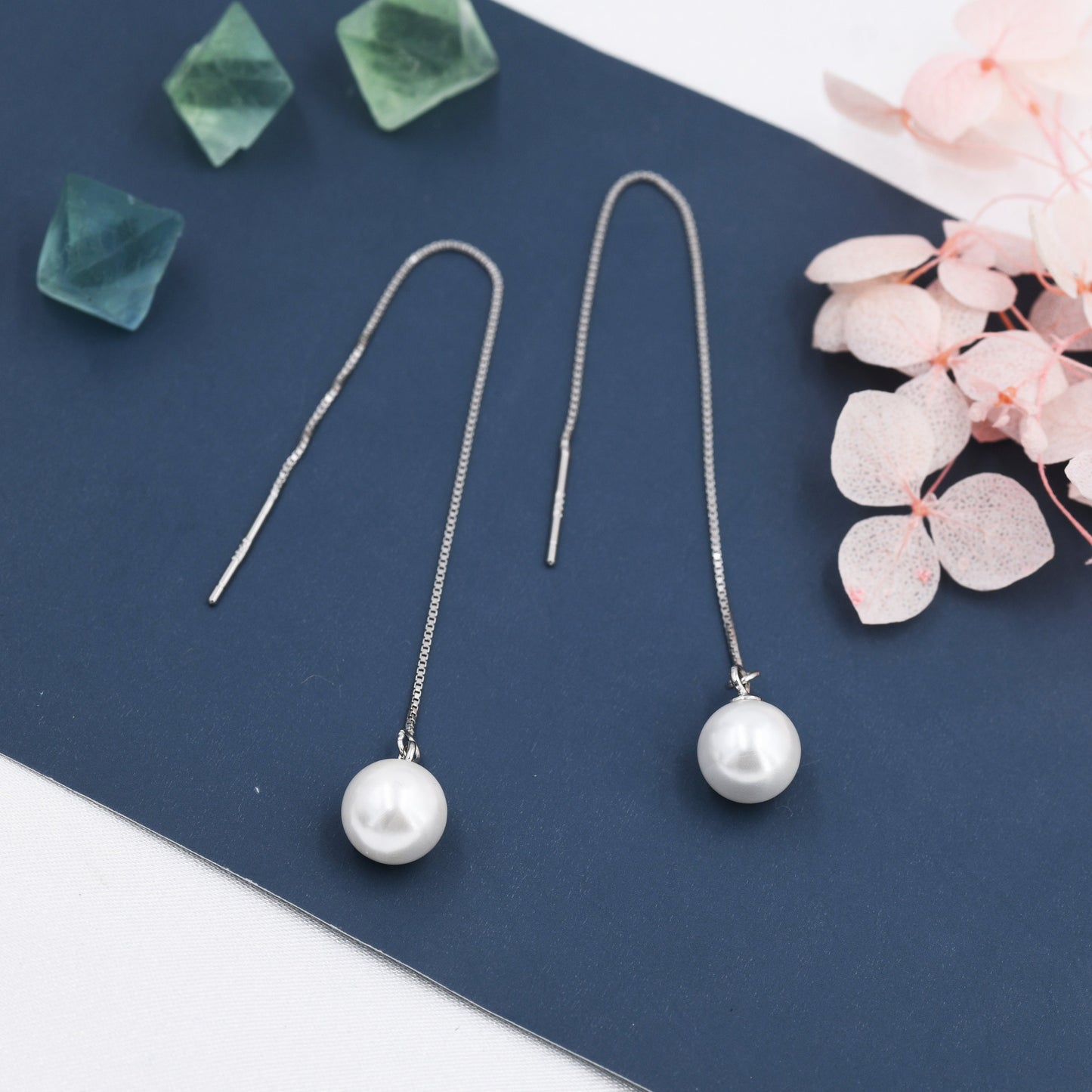 Pearl Ear Threaders in Sterling Silver, Dangle Pearl Earrings, Pearl Threader Earrings, Mother of Pearl Threaders