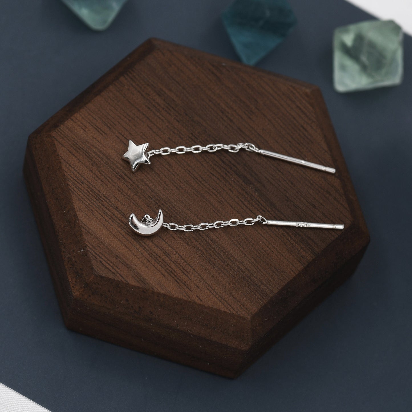 Sterling Silver Moon and Star Threader Earrings, Moon and Star Ear Threaders, Celestial Jeweller