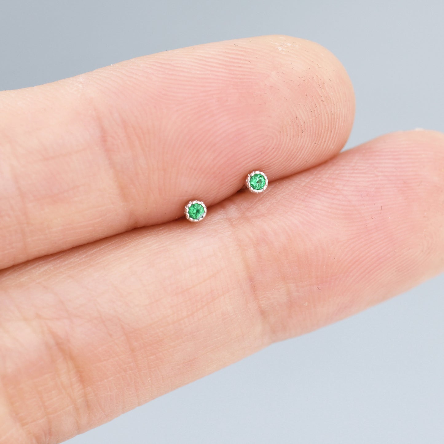 Extra Tiny 2mm Emerald Green CZ Stud Earrings in Sterling Silver, Barely Visible CZ Earrings, Stacking Earrings, Extra Small Stud Earrings