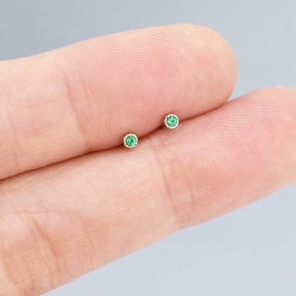 Extra Tiny 2mm Emerald Green CZ Stud Earrings in Sterling Silver, Barely Visible CZ Earrings, Stacking Earrings, Extra Small Stud Earrings