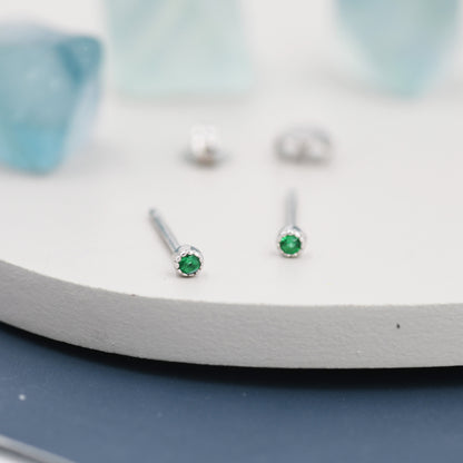 Extra Tiny 2mm Emerald Green CZ Stud Earrings in Sterling Silver, Barely Visible CZ Earrings, Stacking Earrings, Extra Small Stud Earrings