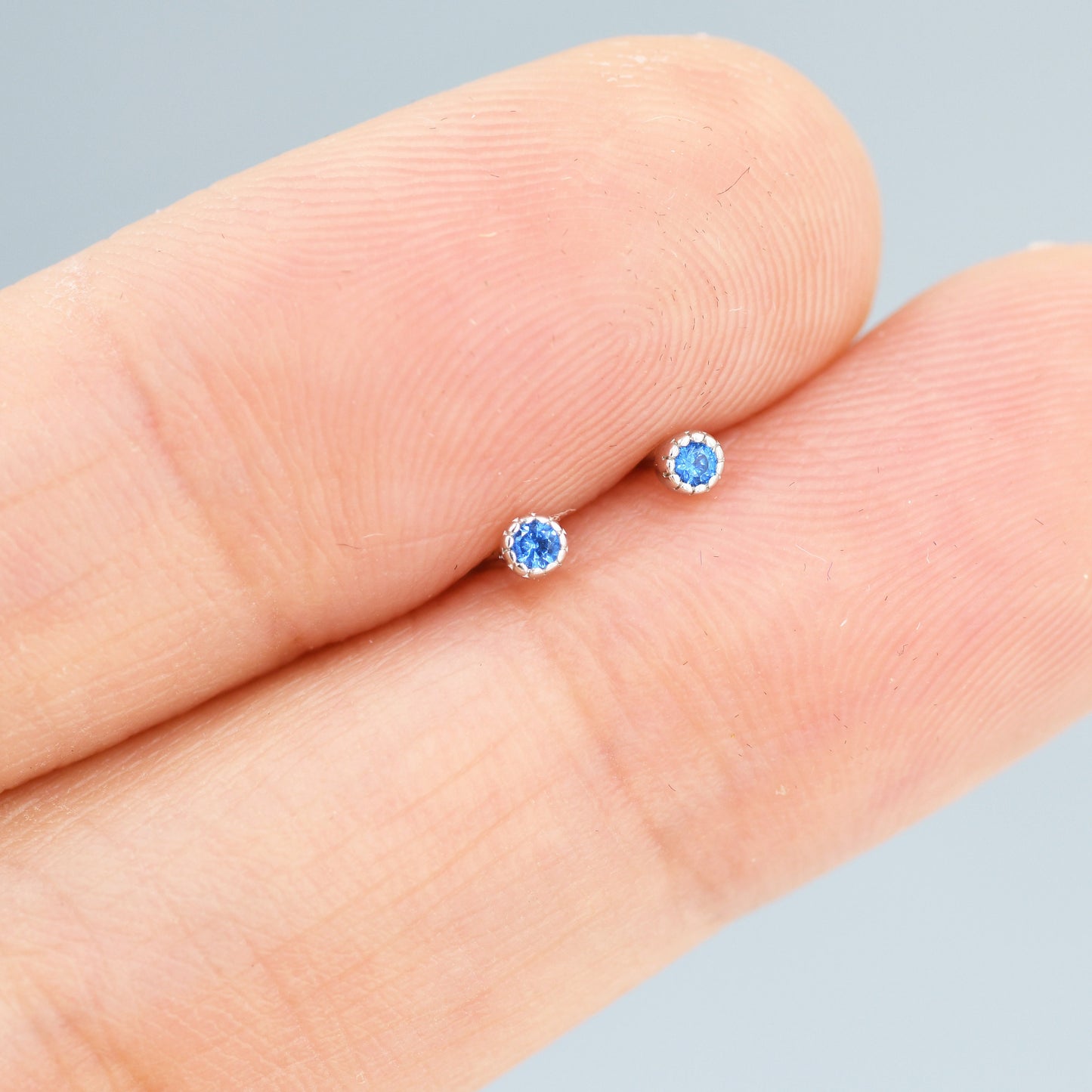 Extra Tiny 2mm Aquamarine Blue CZ Stud Earrings in Sterling Silver, Barely Visible CZ Earrings, Stacking Earrings, Extra Small Stud Earrings