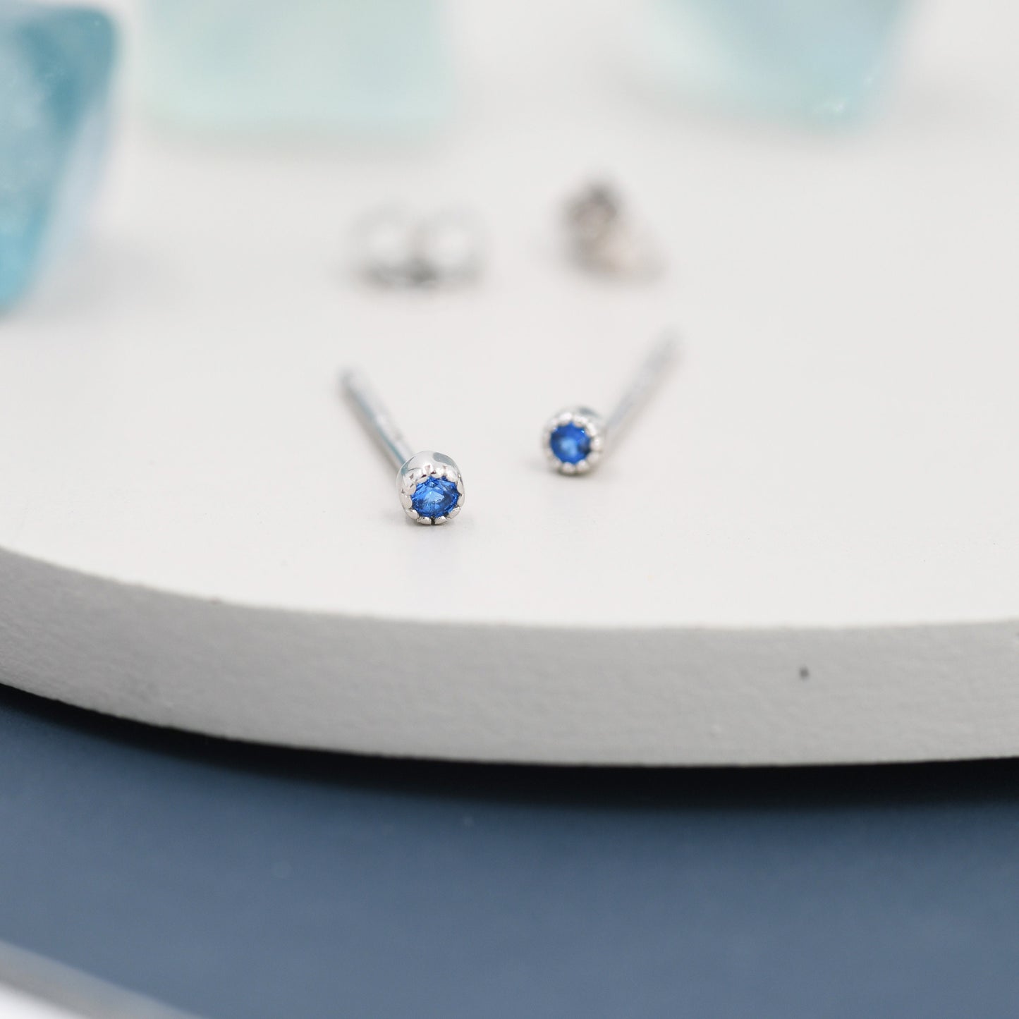 Extra Tiny 2mm Aquamarine Blue CZ Stud Earrings in Sterling Silver, Barely Visible CZ Earrings, Stacking Earrings, Extra Small Stud Earrings