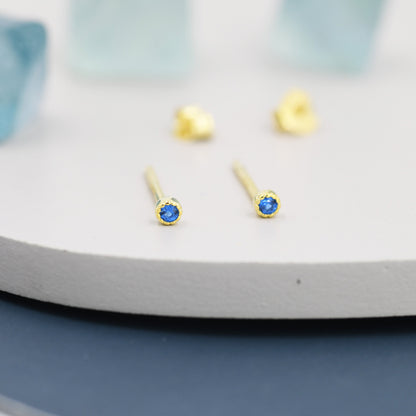 Extra Tiny 2mm Aquamarine Blue CZ Stud Earrings in Sterling Silver, Barely Visible CZ Earrings, Stacking Earrings, Extra Small Stud Earrings