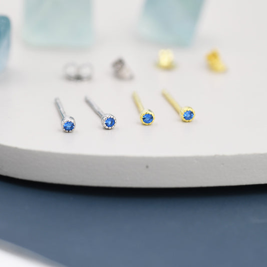 Extra Tiny 2mm Aquamarine Blue CZ Stud Earrings in Sterling Silver, Barely Visible CZ Earrings, Stacking Earrings, Extra Small Stud Earrings