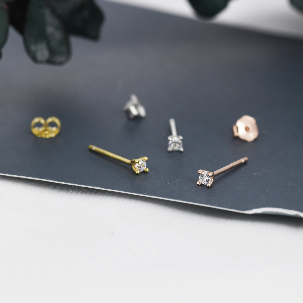 Barely Visible 2mm CZ Stud in Sterling Silver, Silver, Gold or Rose Gold, Extra Tiny CZ Stud