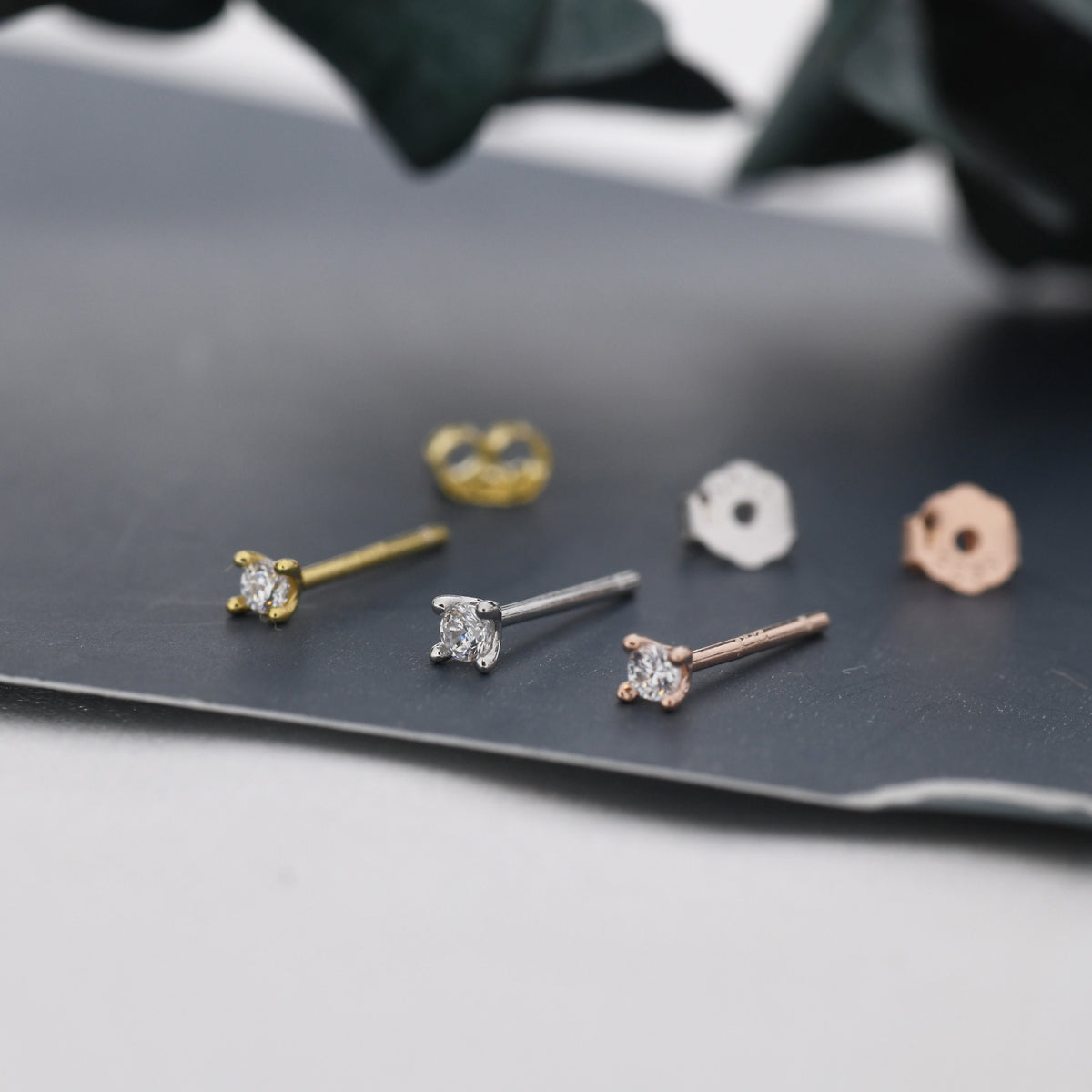 Barely Visible 2mm CZ Stud in Sterling Silver, Silver, Gold or Rose Gold, Extra Tiny CZ Stud