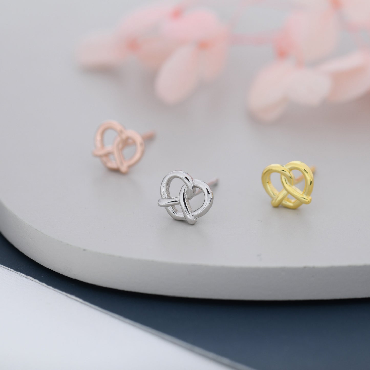 Extra Tiny Pretzel Heart Knot Earrings in Sterling Silver, Silver, Gold or Rose Gold, Knot Earrings, Heart Earrings, Pretzel Earrings