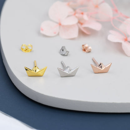 Origami Paper Boat Stud Earrings in Sterling Silver, Silver, Gold or Rose Gold, Boat Earrings, Origami Earrings