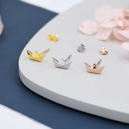 Origami Paper Boat Stud Earrings in Sterling Silver, Silver, Gold or Rose Gold, Boat Earrings, Origami Earrings