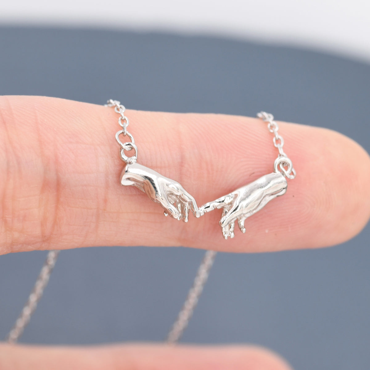 Sterling Silver Hand Necklace, Creation of Adam Necklace, Silver or Gold