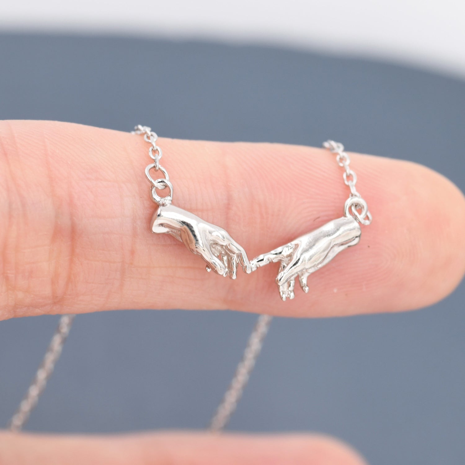 Sterling Silver Hand Necklace, Creation of Adam Necklace, Silver or Gold