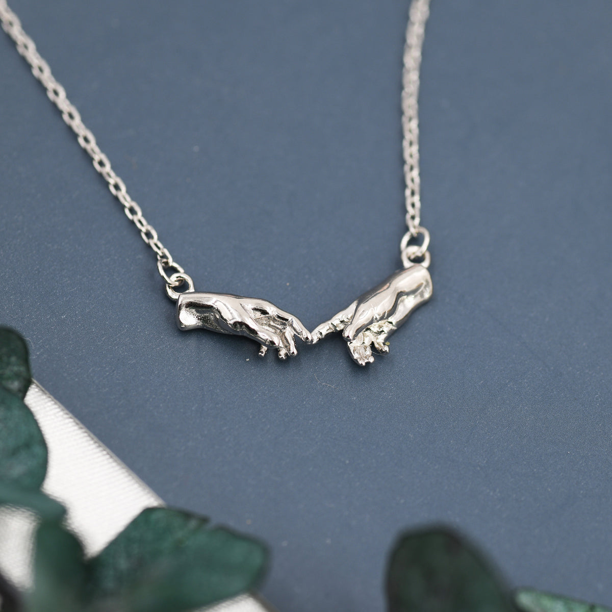 Sterling Silver Hand Necklace, Creation of Adam Necklace, Silver or Gold