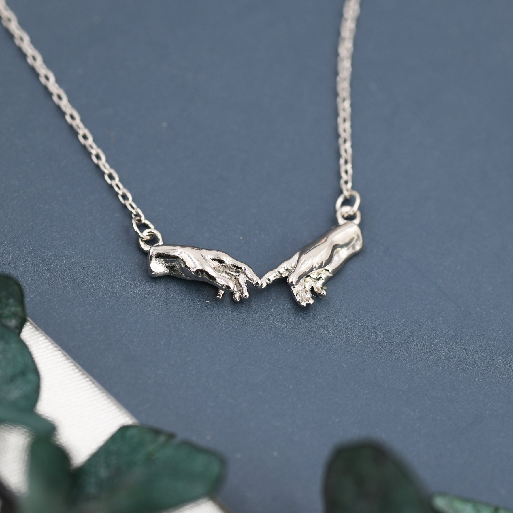Sterling Silver Hand Necklace, Creation of Adam Necklace, Silver or Gold