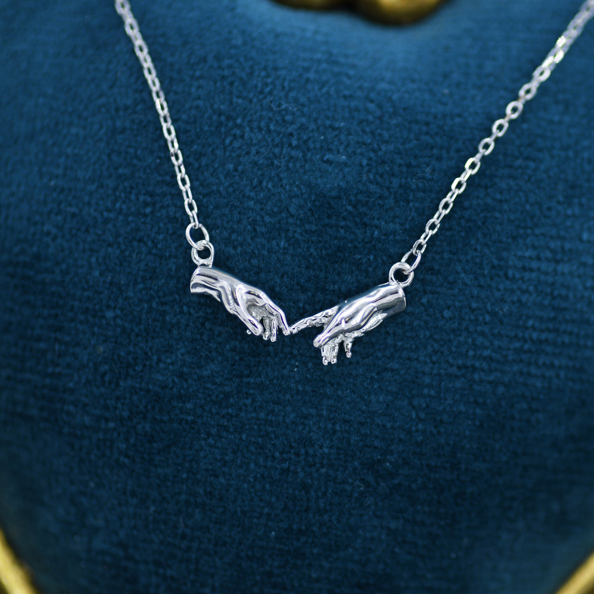 Sterling Silver Hand Necklace, Creation of Adam Necklace, Silver or Gold