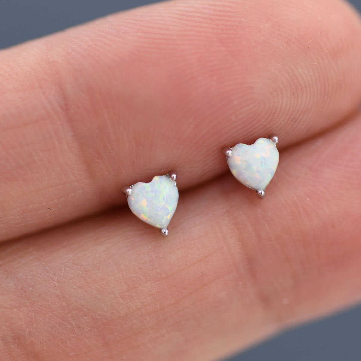 Heart-Shaped White Opal Stud Earrings
