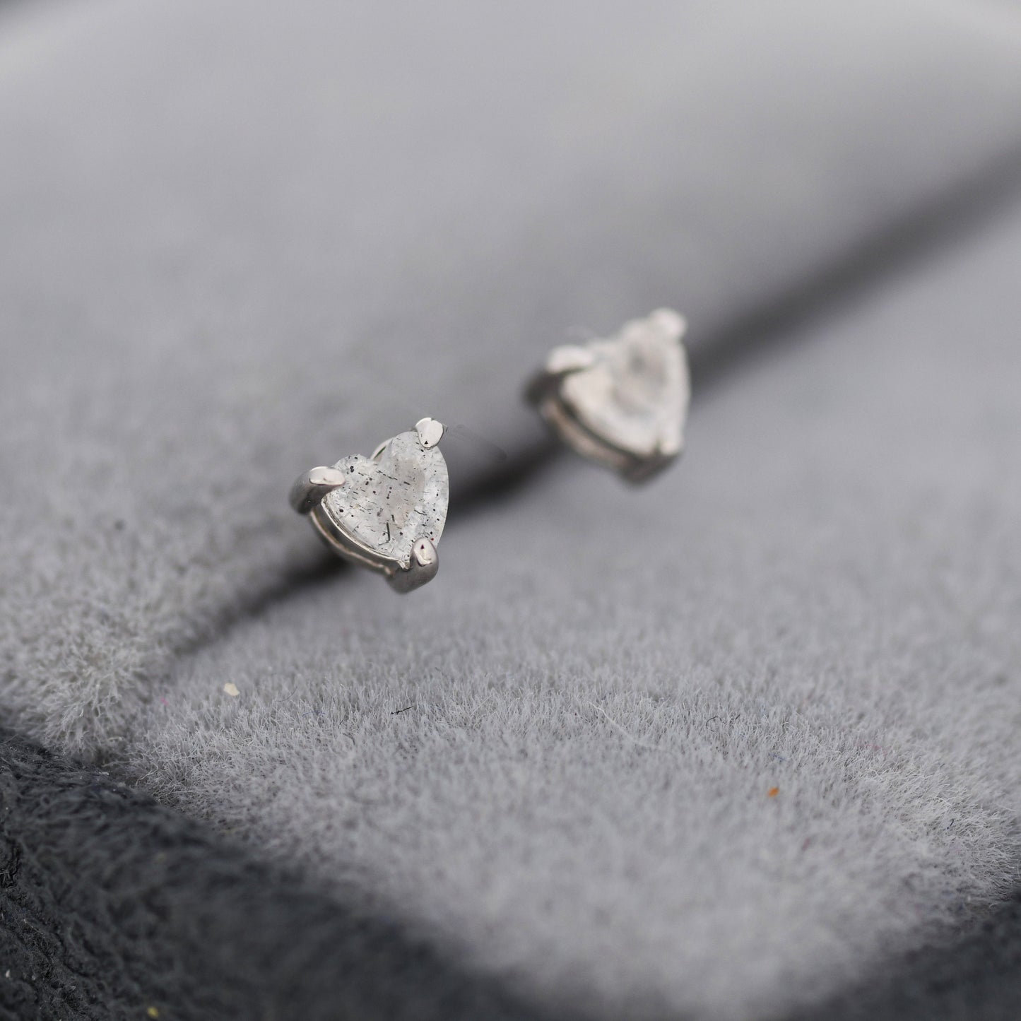 Salt and Pepper Quartz Crystal Heart Stud Earrings in Sterling Silver, Heart Stud Earrings, Tiny Heart Earrings