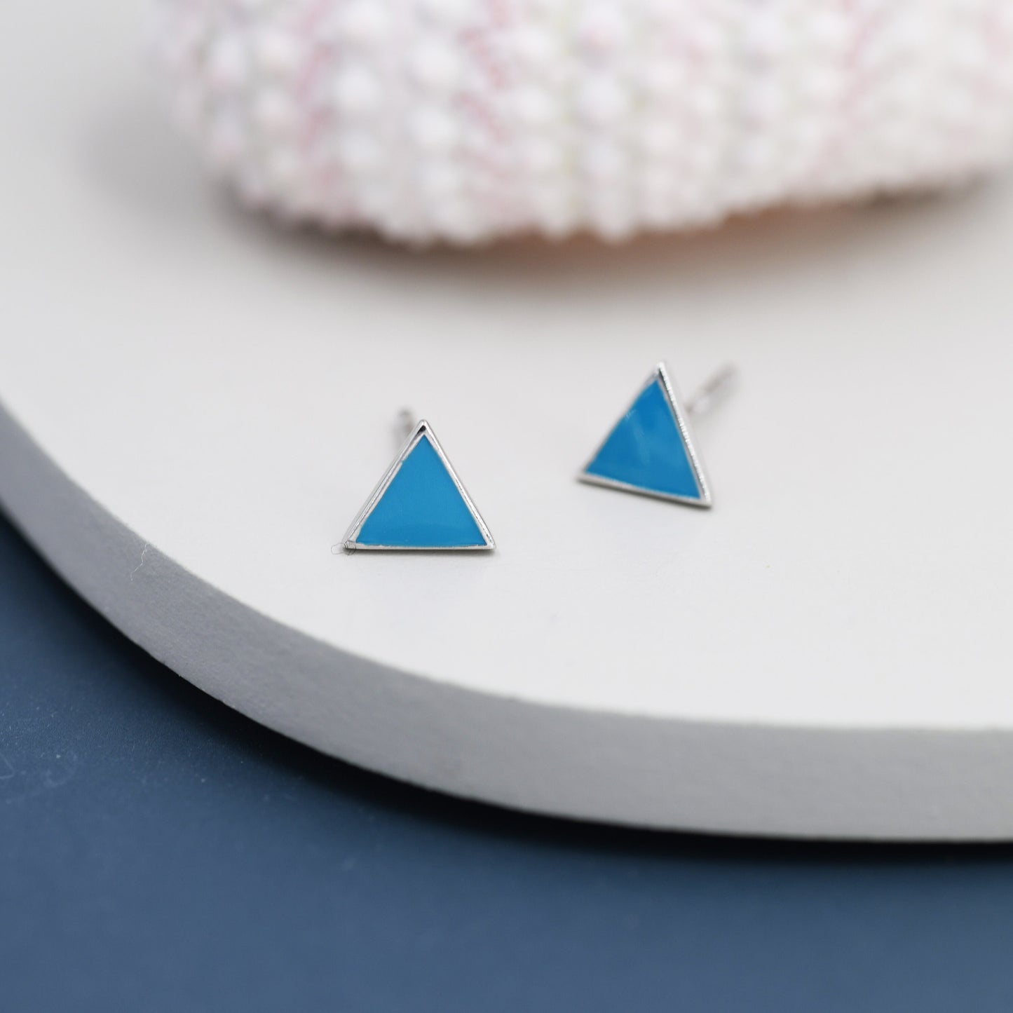 Turquoise Blue Triangle Stud Earrings in Sterling Silver with Hand Painted Enamel, Turquoise Stud, Tiny Triangle Stud