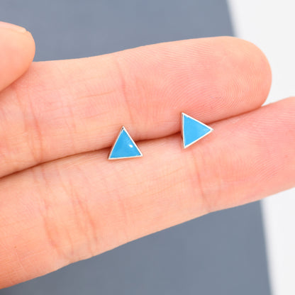 Turquoise Blue Triangle Stud Earrings in Sterling Silver with Hand Painted Enamel, Turquoise Stud, Tiny Triangle Stud