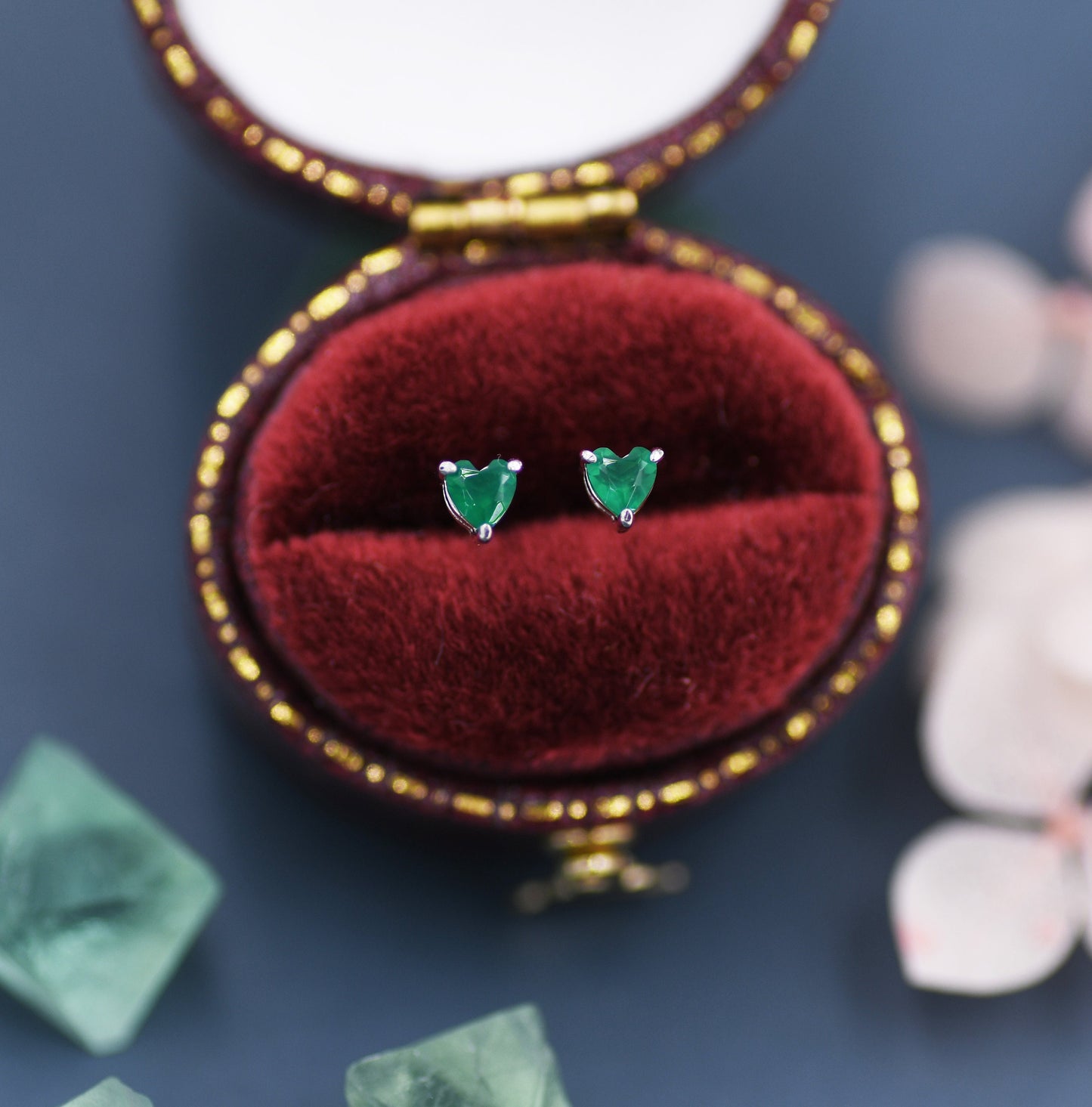 Genuine Green Onyx Heart Stud Earrings in Sterling Silver, Heart Stud Earrings, Tiny Heart Earrings