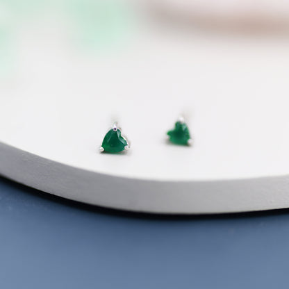 Genuine Green Onyx Heart Stud Earrings in Sterling Silver, Heart Stud Earrings, Tiny Heart Earrings