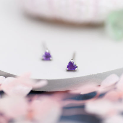 Extra Tiny Genuine  Amethyst Heart Stud Earrings in Sterling Silver, Barely Visible Heart Stud Earrings, Tiny Heart Earrings