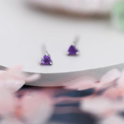 Extra Tiny Genuine  Amethyst Heart Stud Earrings in Sterling Silver, Barely Visible Heart Stud Earrings, Tiny Heart Earrings