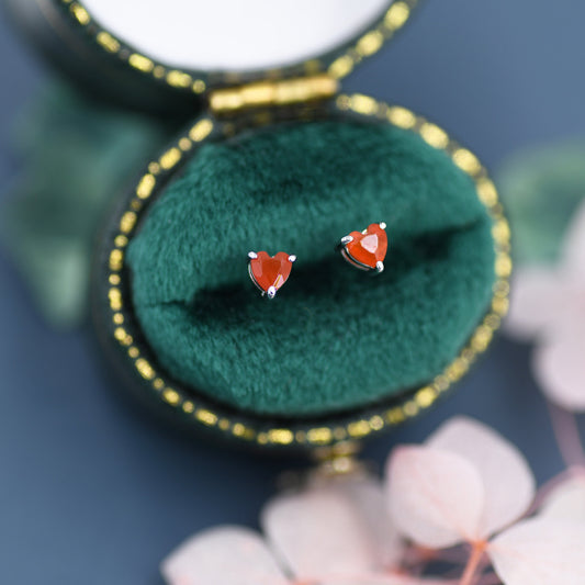 Genuine Carnelian Crystal Heart Stud Earrings in Sterling Silver, Heart Stud Earrings, Tiny Heart Earrings