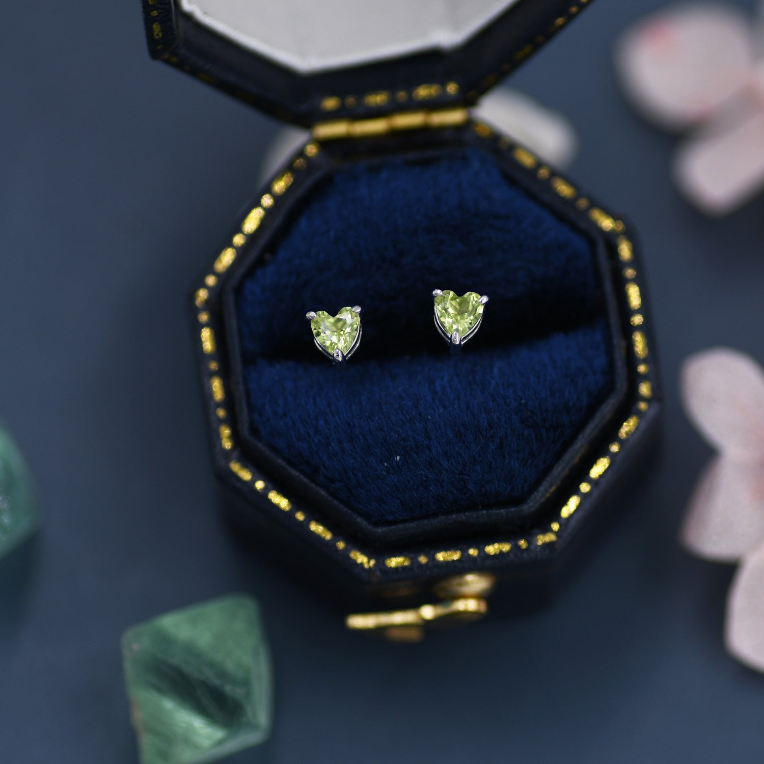 Genuine Peridot Heart Stud Earrings in Sterling Silver, 3mm Heart Stud Earrings, Tiny Heart Earrings