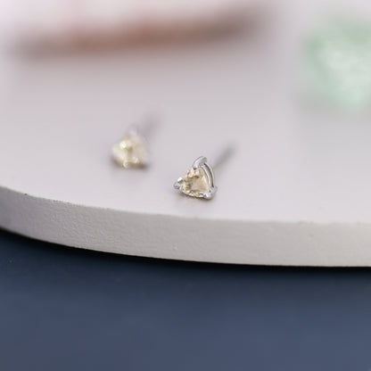 Genuine Lemon Quartz Crystal Heart Stud Earrings in Sterling Silver, Heart Stud Earrings, Tiny Heart Earrings