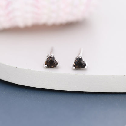 Genuine Smoky Quartz Crystal Heart Stud Earrings in Sterling Silver, 3mm Heart Stud Earrings, Tiny Heart Earrings