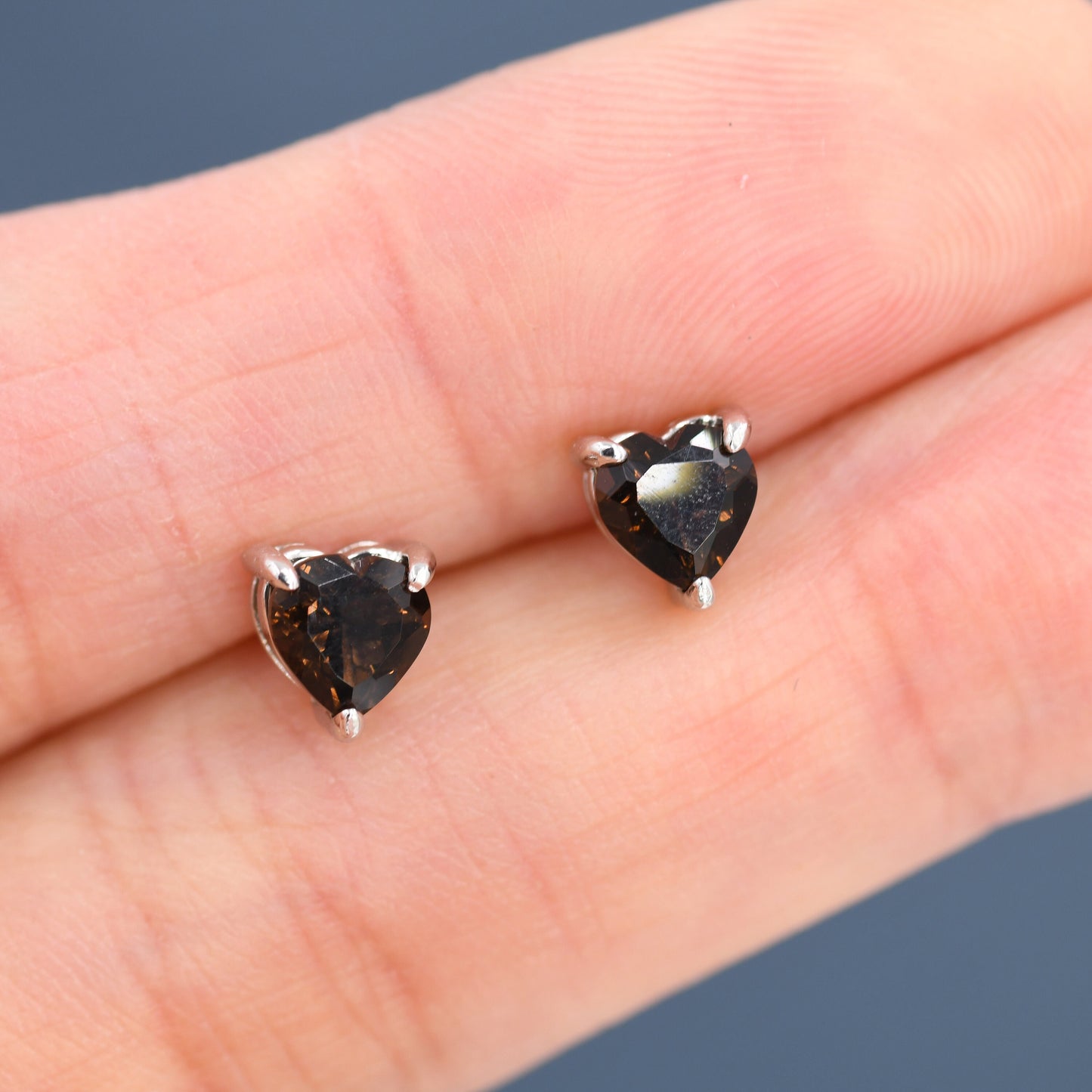 Genuine Smoky Quartz Crystal Heart Stud Earrings in Sterling Silver, 3mm Heart Stud Earrings, Tiny Heart Earrings