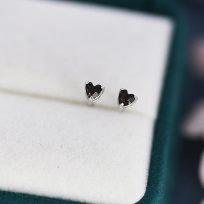 Genuine Smoky Quartz Crystal Heart Stud Earrings in Sterling Silver, 3mm Heart Stud Earrings, Tiny Heart Earrings