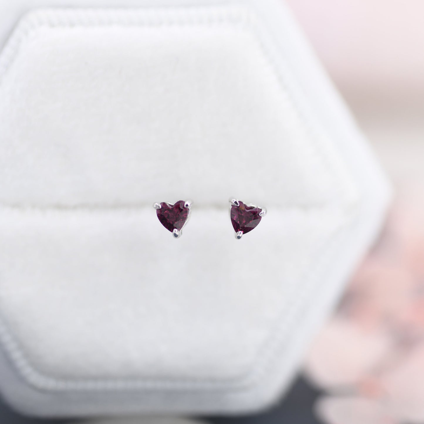 Genuine Garnet Crystal Heart Stud Earrings in Sterling Silver, 3mm Heart Stud Earrings, Tiny Heart Earrings, January Birthstone