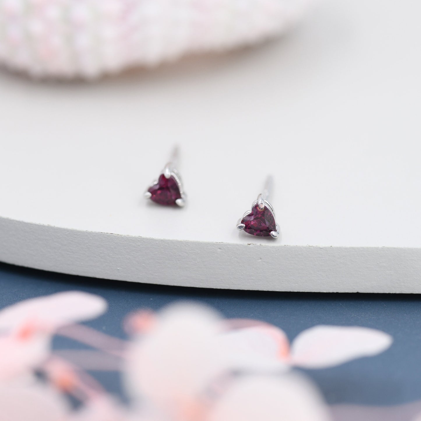 Genuine Garnet Crystal Heart Stud Earrings in Sterling Silver, 3mm Heart Stud Earrings, Tiny Heart Earrings, January Birthstone