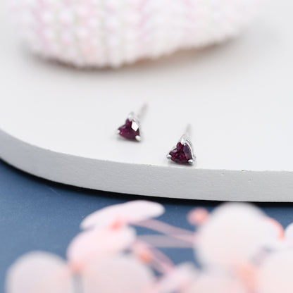 Genuine Garnet Crystal Heart Stud Earrings in Sterling Silver, 3mm Heart Stud Earrings, Tiny Heart Earrings, January Birthstone